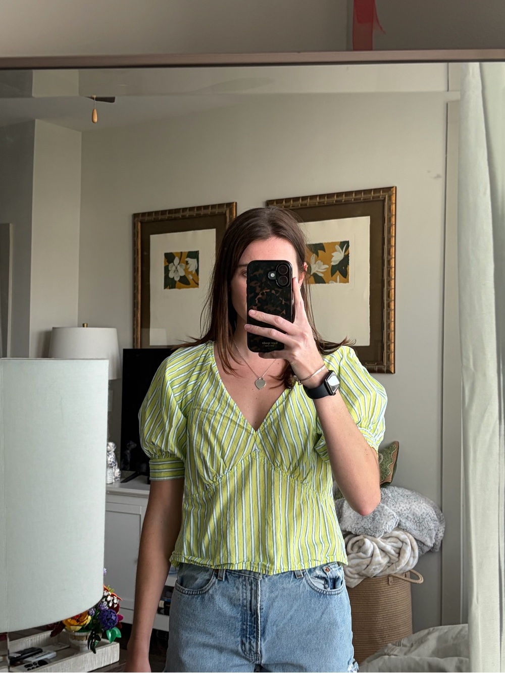 Sanctuary Lime Green Striped V-Neck Puff Sleeve Top